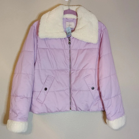 LOFT Petite Shearling Collar Puffer Jacket in Sheer Violet Zip Up Size  S NWT - Picture 2 of 14